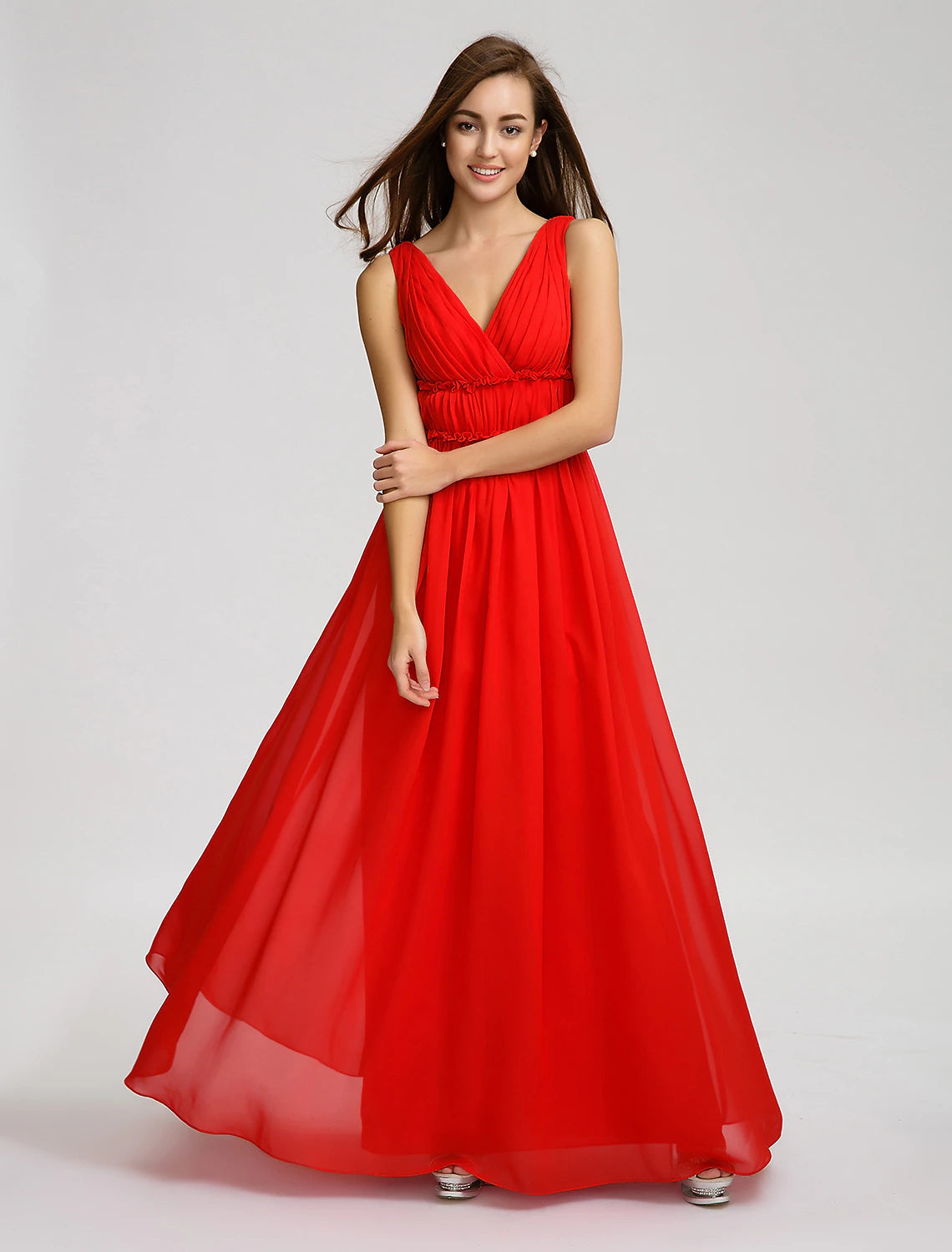 Luolandi A-Line Bridesmaid Dress V Neck Sleeveless Open Back Floor Length Chiffon with Criss Cross / Draping
